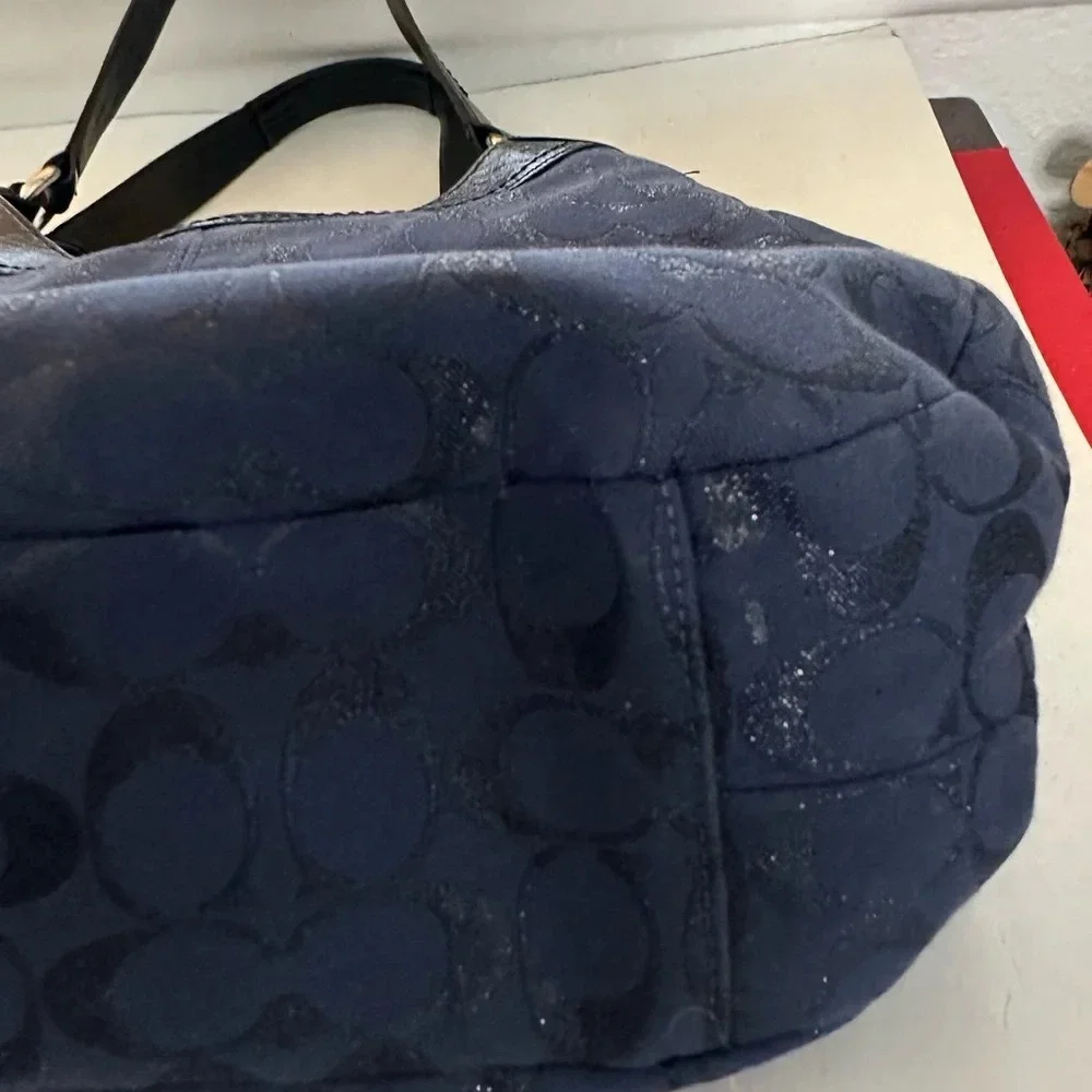COACH Large Dark Blue Leather Trim Travel Business Functional Shoulder Handbag - Picture 7 of 12
